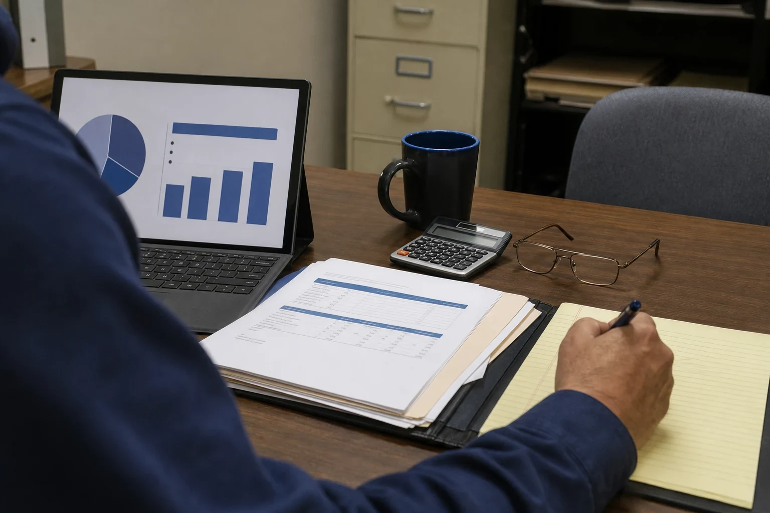 Over-the-shoulder view of a person writing on a yellow legal pad at an office desk beside financial printouts, a laptop showing charts, a calculator and glasses
