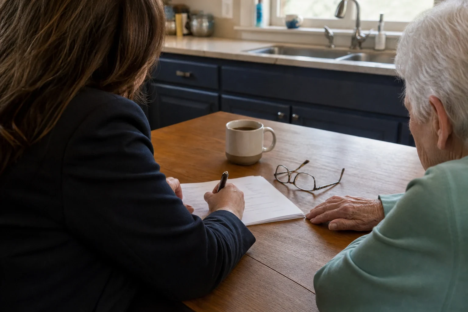 Agent in a dark blazer writes on a paper form at a wooden kitchen table beside a white-haired older woman, with a coffee mug and reading glasses nearby