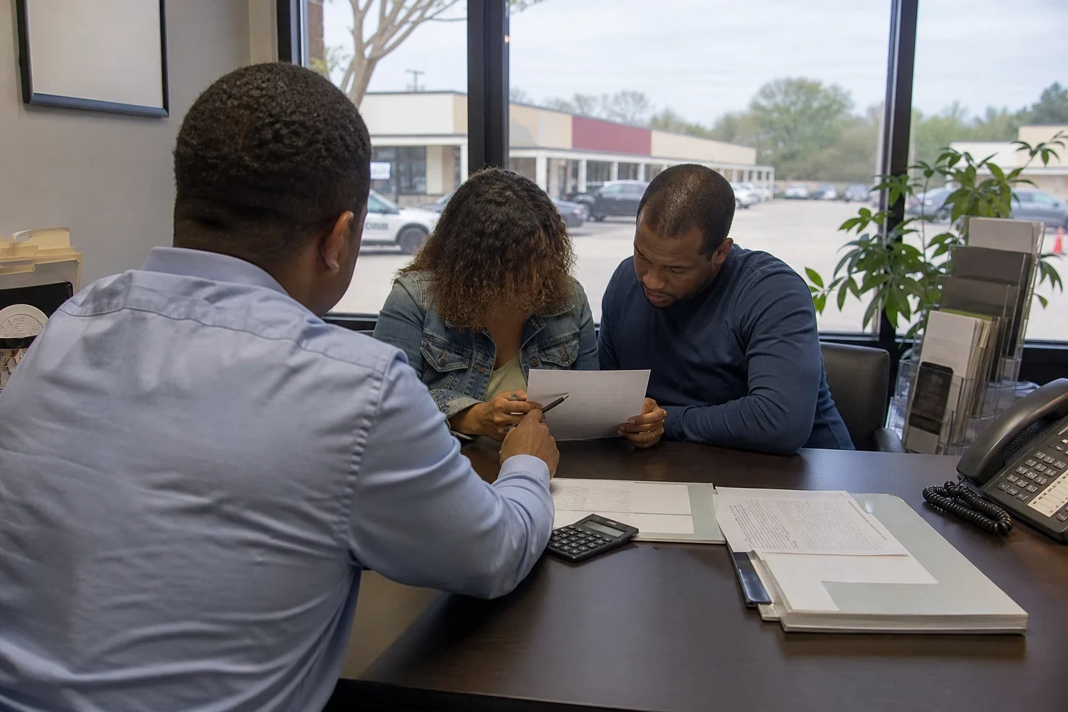 Agent seated at a desk with his back to the camera, talking with a couple reviewing a printed page, with a window onto a strip-center parking lot behind them